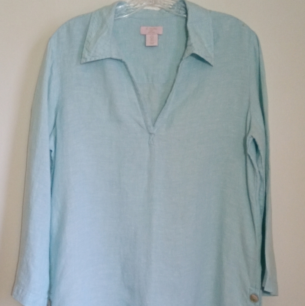 St Tropez West aqua blue collared vneck linen top women's size small